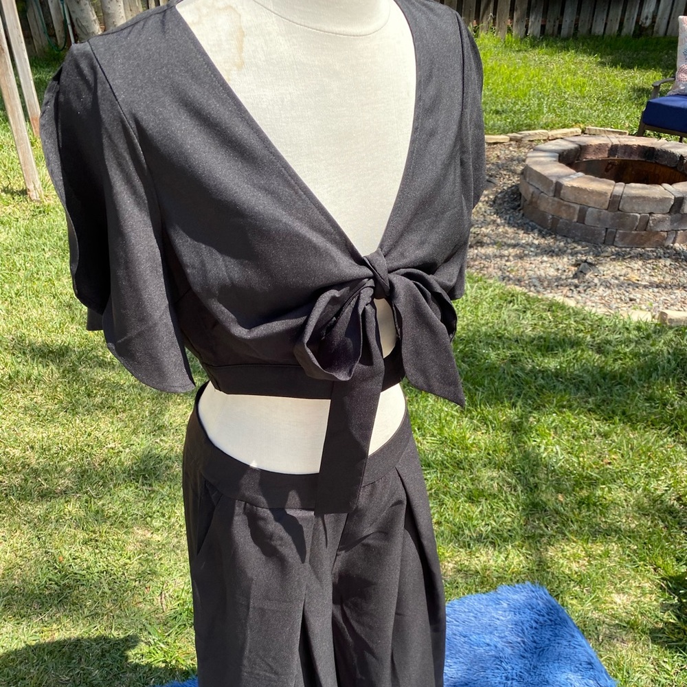 Black crop top and black wide leg pant